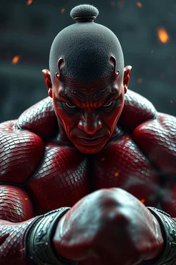 Mike Tyson ,bold ,red skin, scales, unreal engine 6, high detail, intricate, cinematic. photoshoot style, intricate, studio lighting, masterpiece , highly detailed, 8k, best quality, fire, smoke, dramatic,d,<lora:mshn:0.7>,<lyco:Warrior_Couture:0.5>,