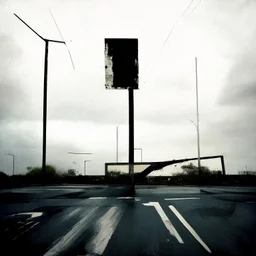 Minimal contemporary abstract oil paintings of desolate 1960s carpark with road markings and concrete fragments. Overlay with grungy typography graphics. style of Justin Mortimer and Francis Bacon.