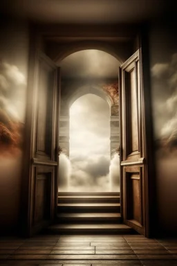 magic doorways. behind first door glass glossy staircase made of clouds leads up to the heaven. behind second door staircase made of stone leads down to the hell