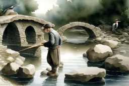 an artist with an easel sits on a stool next to a little stone bridge. He is painting a kingfisher. highly detailed, smooth colours. Watercolour.