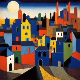 City with many colors, solchi e rilievi, dark blue decal pointillism Max Ernst