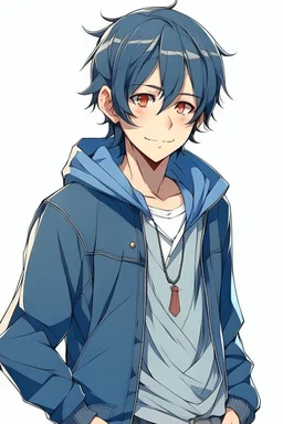 dark blue haired anime boy in a jean jacket