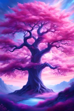 Un magnifique arbre magique , grand avec branches et feuillage , dans un beau paysage bleu et rose ,plein de lumière
