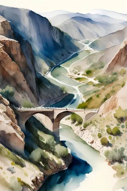 Aerial view of Raino Spain's rugged mountain and river and bridge landscape in watercolor