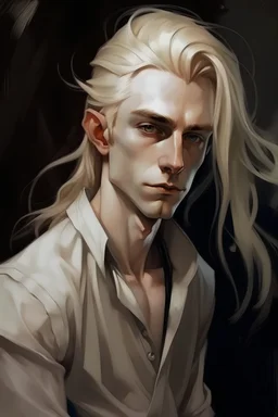 The style is an oil painting. Dark palette. A young man. A big scar on his face. Elf ears. Long blond hair. Waist-high. A white shirt. Skinny.