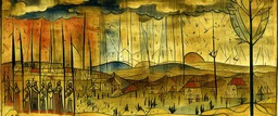 An ivory thunderstorm sky with lightning designed in Bayeux tapestry painted by Paul Klee
