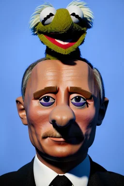 Waist up muppet Portrait, Vladimir Putin as muppet doll, Black suit, photo studio, blue background, unreal engine 5, concept art, art station, god lights, ray tracing, RTX, lumen lighting, ultra detail, volumetric lighting, 3d.