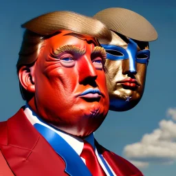 realistic image of donald trump as a mexican wrestling fighter posing outdoors, Mexican eyes wrestling mask, red and blue breeches, suspenders, retro style, 80s, vibrant color, highly detailed, sky background, concept art, unreal engine 5, god rays, ray tracing, RTX, lumen lighting, ultra detail, volumetric lighting, 3d, finely drawn, high definition, high resolution.