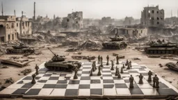 Israeli soldiers and tanks stand on a very large chessboard in the middle of a destroyed city