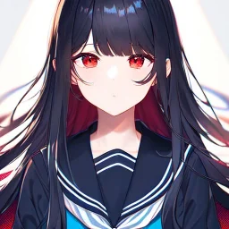 Clear focus, High resolution, long black fluffy hair, red eyes, chopped bangs, wearing a sailor uniform, wearing a sailor skirt, colorful, hollywood, female, no outlines, extreme close up