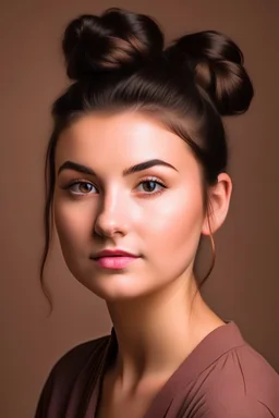 Beautiful young woman in her early twenties with dark hair worn up in a bun, brown eyes, and soft features