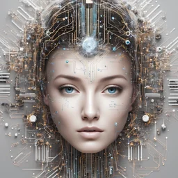 Gorgeous symbolic computer chip style AI representation, showing human features and features of information in all its forms