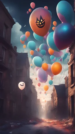 A scene in an abandoned, Halloween street and a sky full of big, cosmic balloons