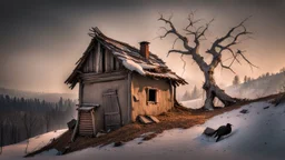 a lonely old adobe hut with worn adobe brown-gray wall and a small window, a crumbling roof, an old chimney stands on a hill, next to it is a small woodshed by the wall, and an old withered tree leans over the hut on thr old tree sitting a black crow, the hut stands on the edge of a European forest, winter, snowy landscape, low light, dawn, snow, high detailed, sharp focus, high realistic, perfect photo