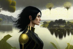 Photorealistic skinny woman with black hair, in a gold and black android suit, standing, looking out over a lake, with flying dandelion heads with octopus tentacles, with tall narrow cloud trees in the distance