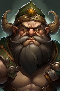 A large, muscled, hulking lord of the rings style dwarf with a fancy hat and rage in his eyes