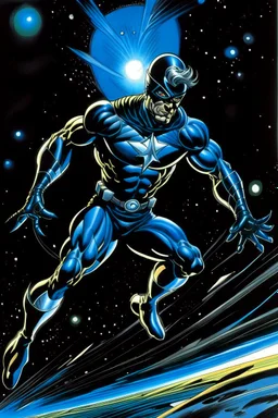 outer space background -- running --art style of neal adams -- an extremely muscular man wearing a black, bandit eye mask, a black, skintight, formfitting cowl, a black, skintight, formfitting kevlar bodysuit, black gloves, silver wrist gauntlets, silver belt, silver knee-high boots, silver lightning emblem on the chest, with cobalt blue eyes, a mustache and goatee, fire, lightning, wind, rain, volcanic lava, fireworks, explosions, multicolored neon lights