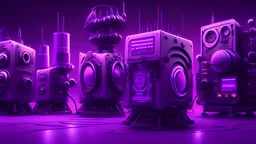 five different giant magic generator machines side by side with lots of gadgets, purple tones, dreamy, psychedelic, 4k, sharp focus, volumetrics, trippy background