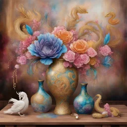 big chinese mingvase, bouguet of flowers and swanfeathers , placed on a chinese wooden table with dragon carvings, Style alcohol ink. various color definitions, flowy swirls, golden lines, 3D, alcohol ink effects, sprinkle glitter, pearls, beads.