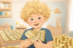 a curly-haired blond boy counts money and stacks gold coins in a modern nursery, in sunshine