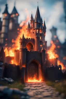 Burning castle entrance, 'Tis silent now, the final hour,bokeh like f/0.8, tilt-shift lens 8k, high detail, smooth render, down-light, unreal engine, prize winning