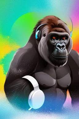 action shot of a Gorilla with headphone mixing music with Dj controller , DMT art, blacklight, tshirt vector, enclosed in a circle, sunshine, contour, white background