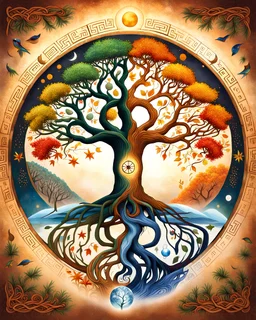The tree of life consists of four seasons: spring, summer, autumn, winter, light, time, darkness, star, moon, sun, yang-ying, water, wind, earth, fire and love.