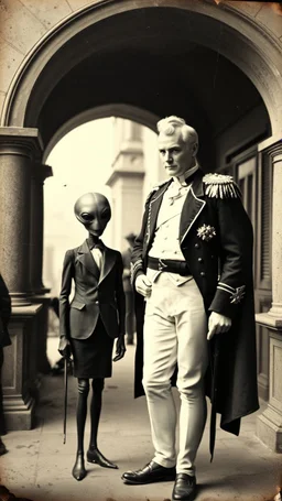 An old picture style of white and brown and very bad quality old camera with cracks of Napoleon standing with an Alien who is wearing a suit, the year 1900