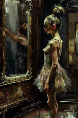 a beautiful ballerina, in a studio, Infront of a mirror, side profile with eyes looking slightly Down, her reflection in the mirror is however looking straight back at her and not looking down, scary, dark undertone, 12k, detailed painting, thick impasto and textures with rough brush strokes, chaos background with cracked paint, peeling off