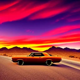 muscle car, desert road, sunset, full colour