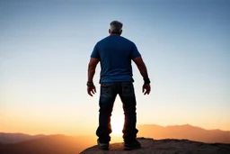 a brawny man with grey hair views sunset from a cliff