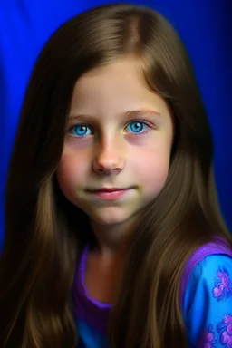 Porträt eines 10 jährigen Mädchens, lange braune Haare, blaue Augen, lila und rosa,