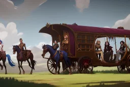 Fantasy Adventurers inside a traveling caravan, horse carriage, landscape