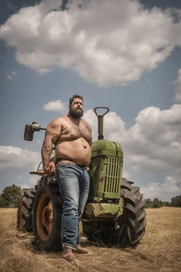 close up photography of a ugly strong overweight 42 year old gipsy tractor driver shirtless in short pants to his tractor in the field , sunlight, manly chest, bullneck, big nose, short beard, angry eyes, tattoo, long curly hair, photorealistic, side light , frontal view from the ground, cinematic