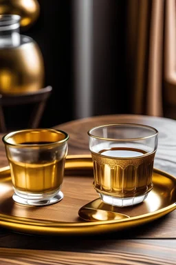 A golden metal plate with some dates on it, a glass cup of water with a golden rim, and a glass cup with white milk with a golden rim, all of them next to each other, on a wooden table, with the view from the side.