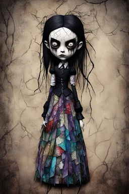 full color, illustration of a dark menacing Victorian goth vampire girl, tall and willowy ala Wednesday Addams, as a decayed, broken, crude homemade patchwork cloth doll toy, with a cracked porcelain face, thick dark eyebrows, hair made from ragged strips of cloth, art in the style of Alex Pardee and Tim Burton