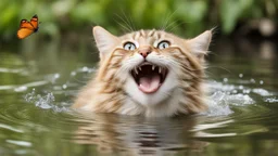 laughing cat in water with butterfly