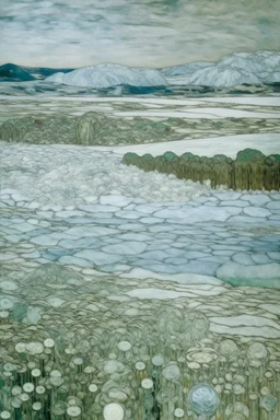 A mint colored steppes covered in ice on a glacier painted by Gustav Klimt