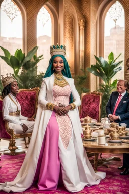 One day, Queen Batoul would sit with her team called the Tea Majlis. Her team consisted of: - Riouf, her daughter and the hero of the tribe - Professional royal writer - Live Barbie game - Comedian Jim Carrey - Former U.S. President Donald Trump In a large room with wide windows from which the light of nature, light colors, plants, modern furniture, and modern interior design enter. They were thinking of a new interior design for the palace. Meanwhile, they drank cinnamon tea and watched episode