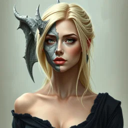 a portrait of an attractive blonde fantasy woman who is half human and half gargoyle, her face is partially made of stone