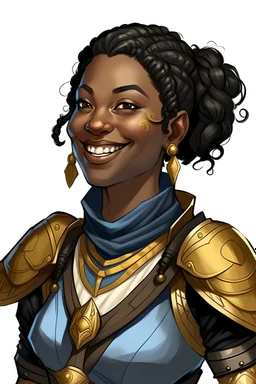 kind wise, caring, smiling black middle aged female earth genasi paladin dnd 5e