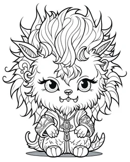 coloring page, Gothic chibi werewolf with wild, fluffy hair, Manga style, thick lines, low detail, no shading, --ar 9:11 --v 5
