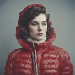Countess di Castiglione,, red, autochrome, plastic puffy jacket