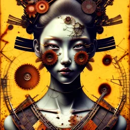 an abstract painting of rusted metal and flowers, Geisha portrait, rust, scaffolding, iron cladding, decay, mixed media, textured, anatomically correct, beautiful perfect face, sharp focus, highly detailed