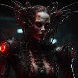 Demonic mechanical creepy aggressive necrophage zombie undead girl with scary red eyes, in a spiky leather and mechanical parts suit with tubes, dark fantasy horror, Filigree, Aesthetically pleasing, Realistic, Professional photo, 4k, hight resolution, higly detailed, 30mm lens, 1/250s, f/2.8, ISO 100