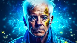 Old Punk 60 years old, portrait, white hair, blue background, gold and silver fragments and particles, glow, glare, old torn cracked canvas, mystical, fine rendering, high detail, sharp focus, 8K