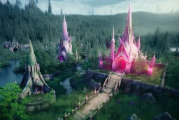 Immersive​ Magical fantasy elven town city tower forest rivendell tree flower pink green yellow beautiful nature river 4k full hd