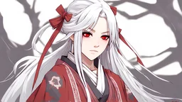 Female character in the style ofLee Myung-Jin, from Ragnarok online. Shura class. Long white hair, red clothes with bandages on her arms, digital art dark fantasy style, damaged kimono. Thorn clothes