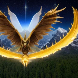 image framed with a thin border of celtic designs, story book cover format, A winged celestial dragon in flight above a forested mountain, against a background of brilliantly glittering stars, hd 4k, fine sharp detail