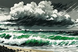 a storm tossed shoreline with ominous thunderheads and pounding surf illustration by Yoji Shinkawa , finely drawn and inked, 4k, hyper detailed and vibrantly colored